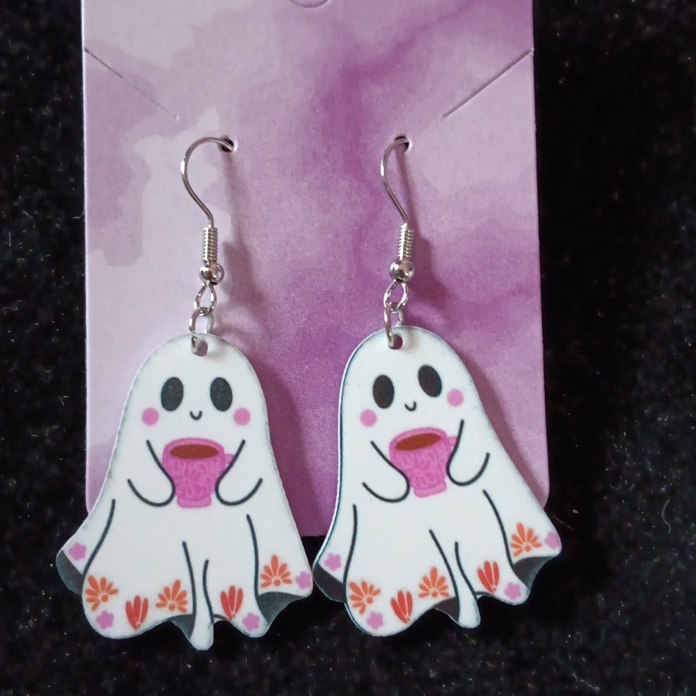 "Coffee Lover" Cute Acrylic Ghost Holding Coffee Cup Earrings New!